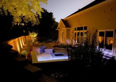 Night lit patio and fire pit