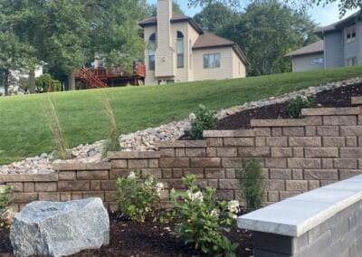 retaining wall, landscaping and outdoor stone patio
